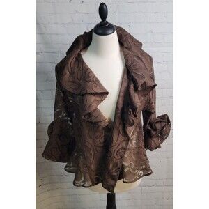 Vintage IC Glam Jacket Brown Sz XL Brown Ruffle Burnout Open Front Old Money